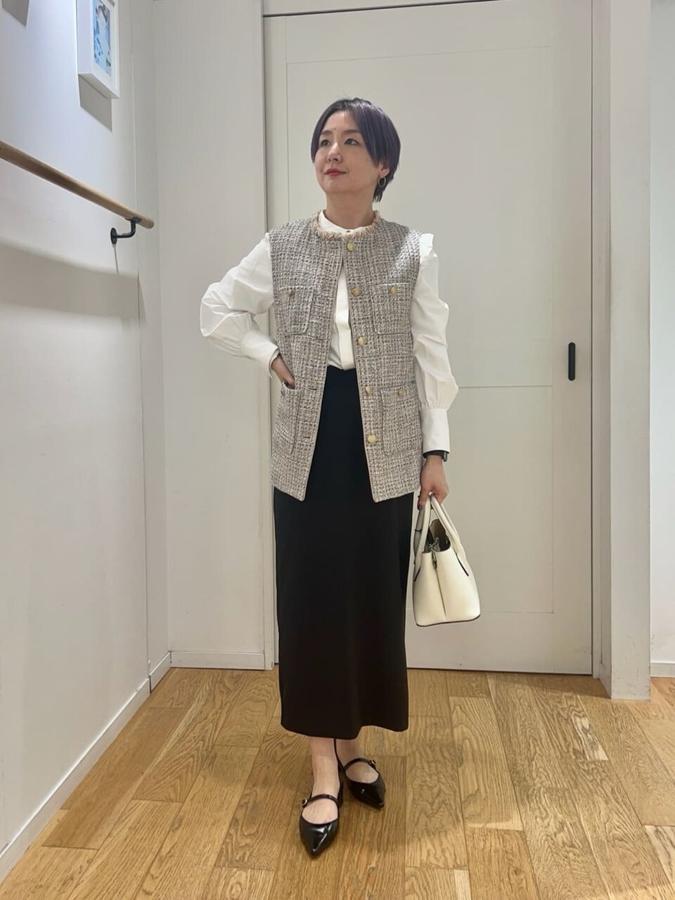 Iラインスカート×ツイードジレのコーデ