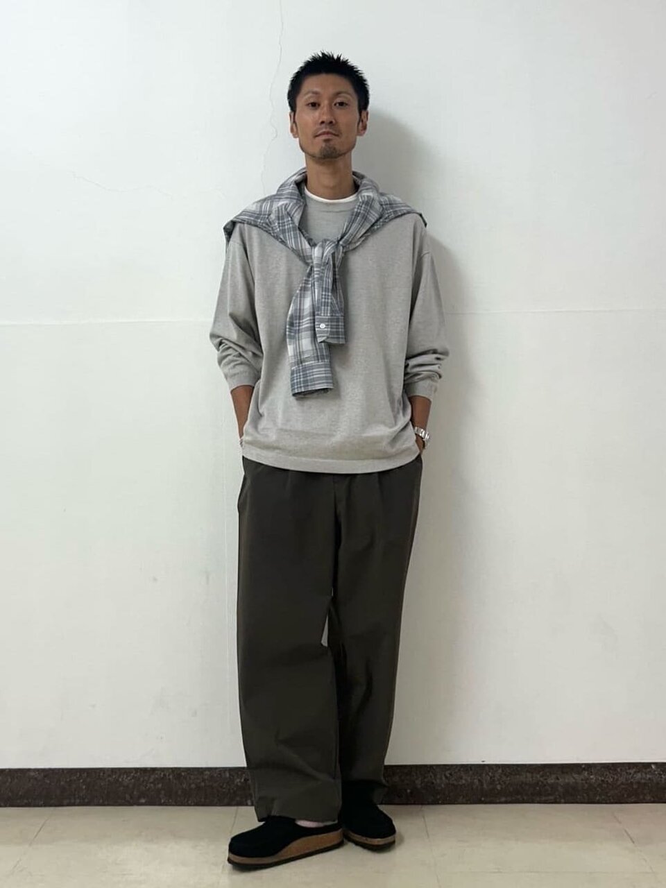 チェック柄シャツ×ニットコーデ
