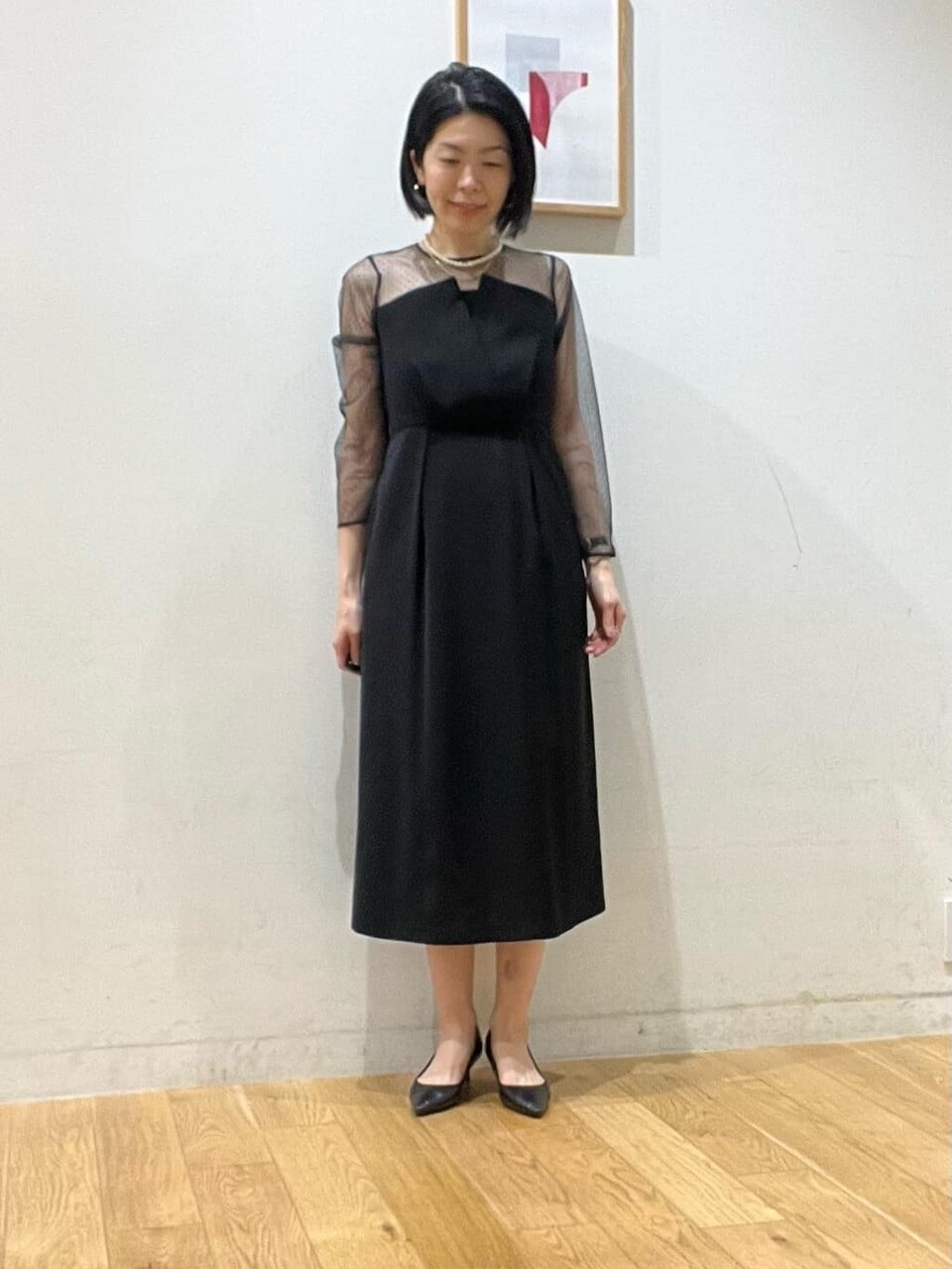 ドットチュールワンピースを使った50代結婚式コーデ