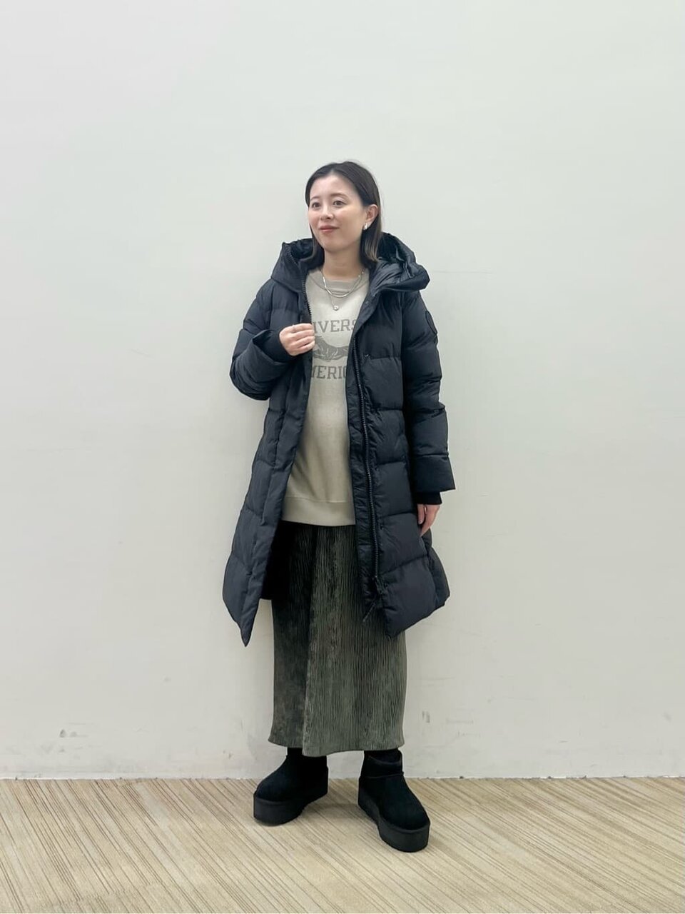 ダウンジャケット×プラットフォーム ブーツコーデ