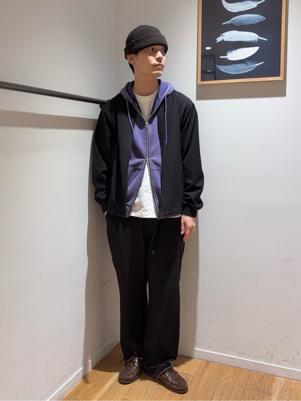 パープルのニット帽コーデ