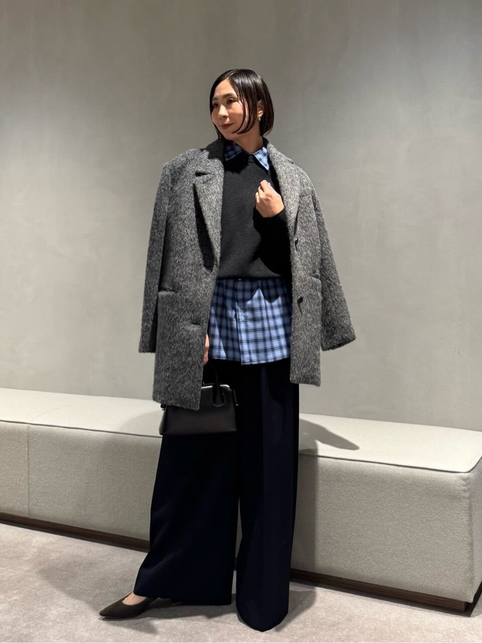 チェック柄シャツ×シャギージャケット