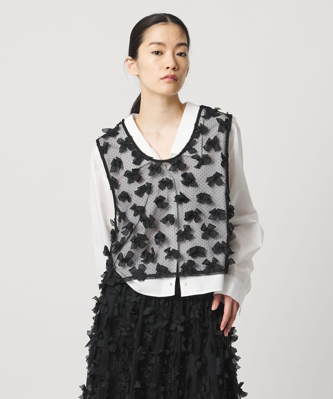 ドットチュールリボンノースリーブ