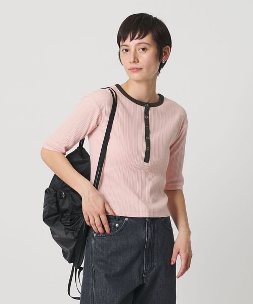 【WEB限定】ランダムリブ ヘンリーネック スナップ 5分袖Tシャツ