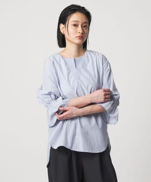 ステッチ キーネック キャンディスリーブブラウス 7分袖