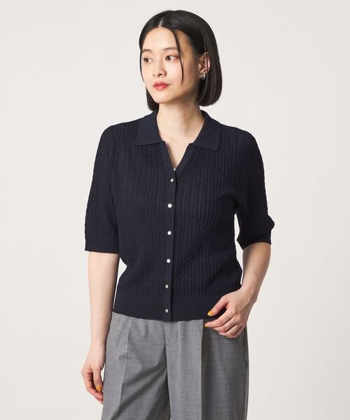 ケーブル スキッパー ポロカーディガン 5分袖 ‐ウォッシャブル‐