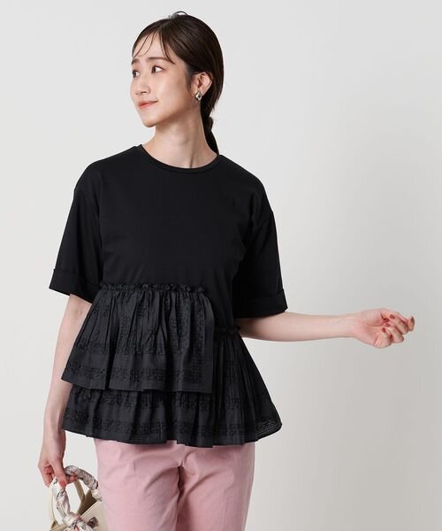 エンブロイダリープリーツ コンビ Tシャツ