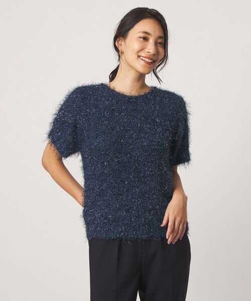 ラメ フェザー ショートスリーブニット  ネイビー