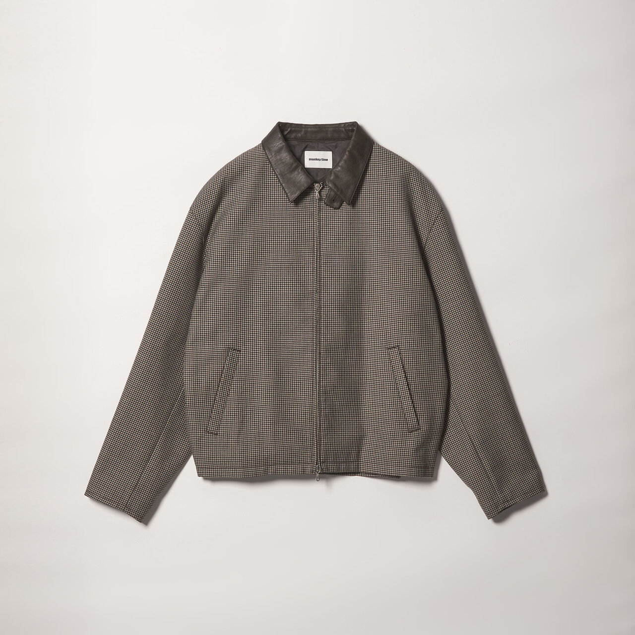 ウールミックス ツイル チェック レザーライク カラー ジャケット